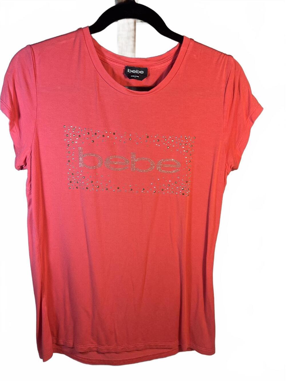Bebe Women's Coral Pink Short Sleeve T-Shirt with Rhinestone Logo, Size Medium